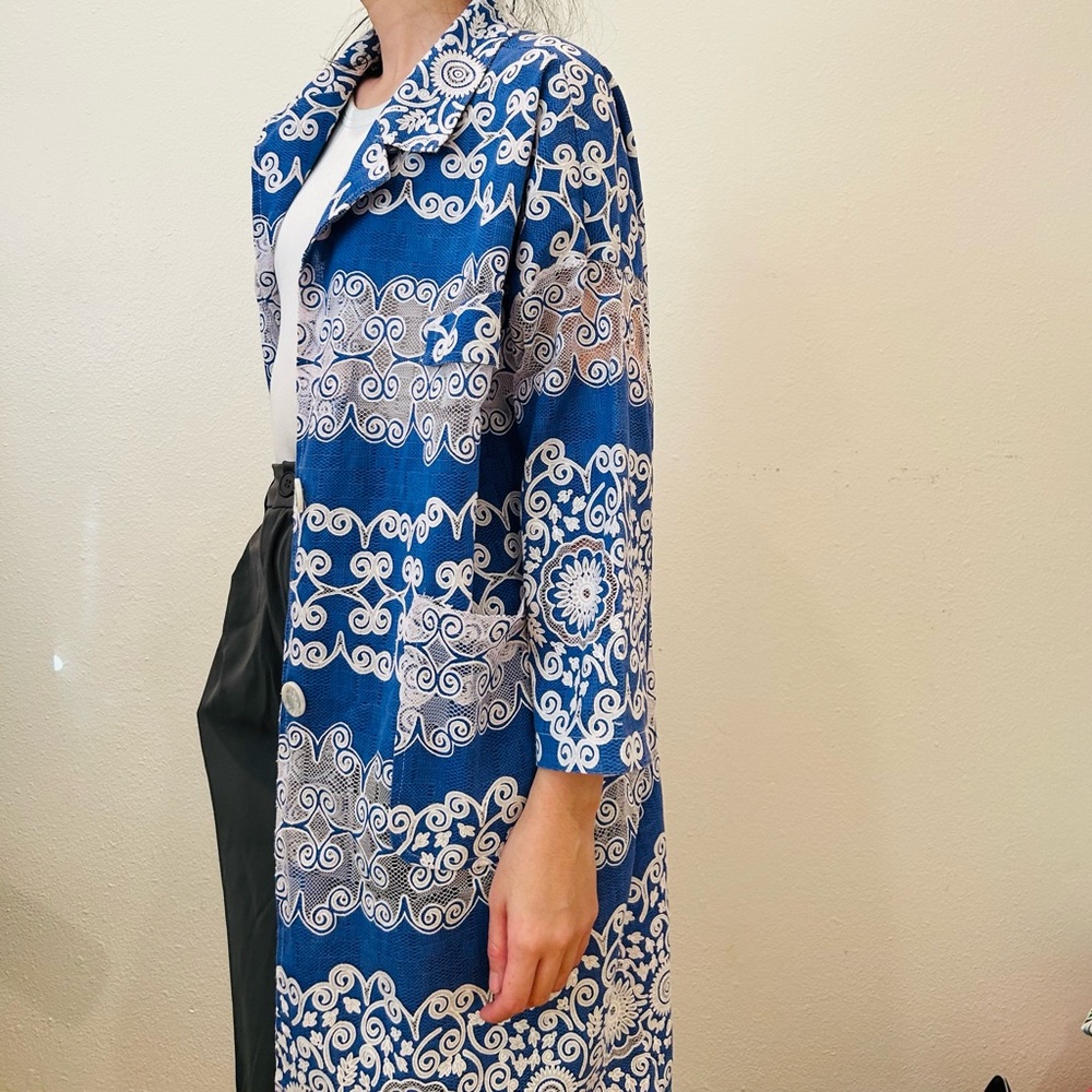 Blue and white lace lightweight kimono style jacket